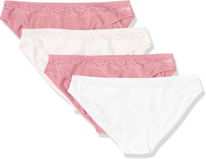 Amazon Essentials Women’s Cotton and Lace Bikini Underwear, Pack of 4