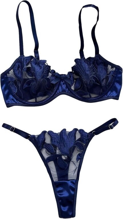 COZYEASE Women’s 2 Piece Lingerie Set Floral Embroidered Lace Mesh Teddy Babydoll Lingerie Bra and Panty Set
