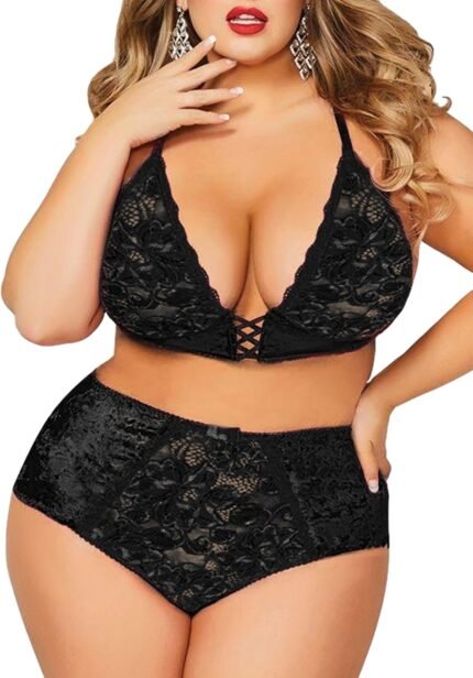 Women Valentines Lingerie Set – Sexy Plus Size Crushed Velvet Mesh Lace Up Exotic Halter Bralette High Waist Panty