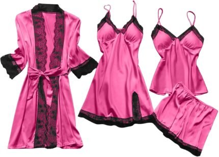 BOXIACEY Pajamas for Women Silk Pajama Set 4pcs Robe Babydoll Lingerie Satin Sleepwear Nightdress Lace Nightgown Set BOXIACEY Pajamas for Women Silk Pajama Set 4pcs Robe Babydoll Lingerie Satin Sleepwear Nightdress Lace Nightgown Set