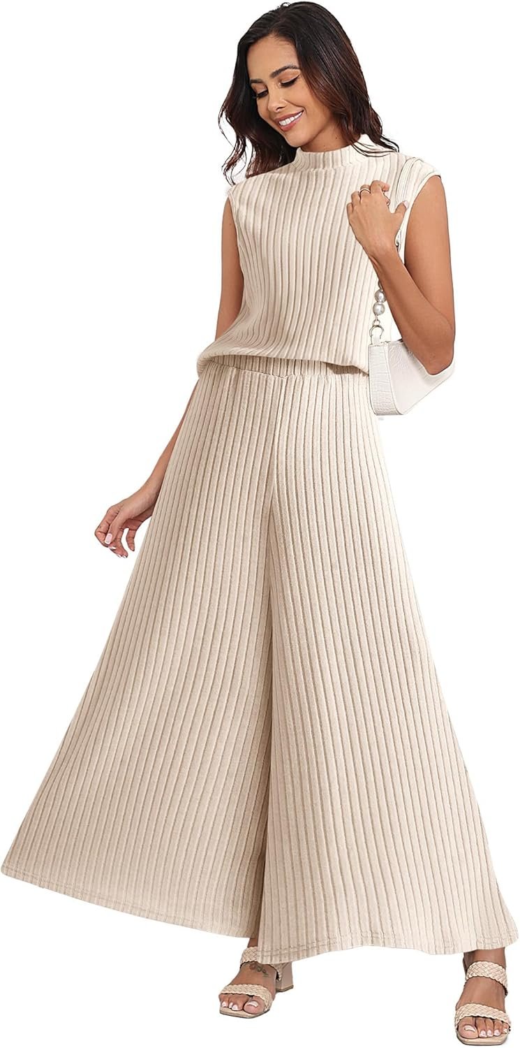 Womens 2 Piece Sets Sleeveless with Wide Leg Pants with Pockets Lounge Wear Outfits Pajama Sets