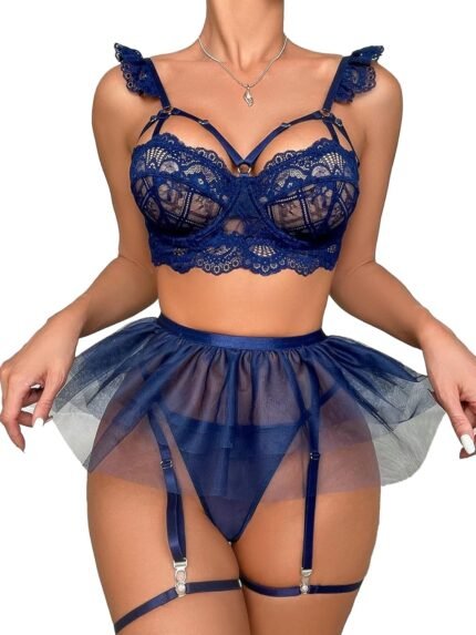 Sexy Lingerie Set for Women with Garter Belt Wireless Ruffle Skirts 5 pieces Lace Bodysuit Floral Bra Push Up