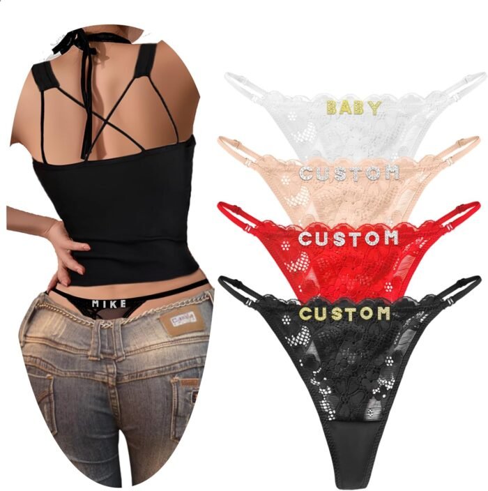2-Pack Hand-sewn Personalized Thongs with Names on It, Custom Name Underwear Panties for Women Couples S to Plus Size