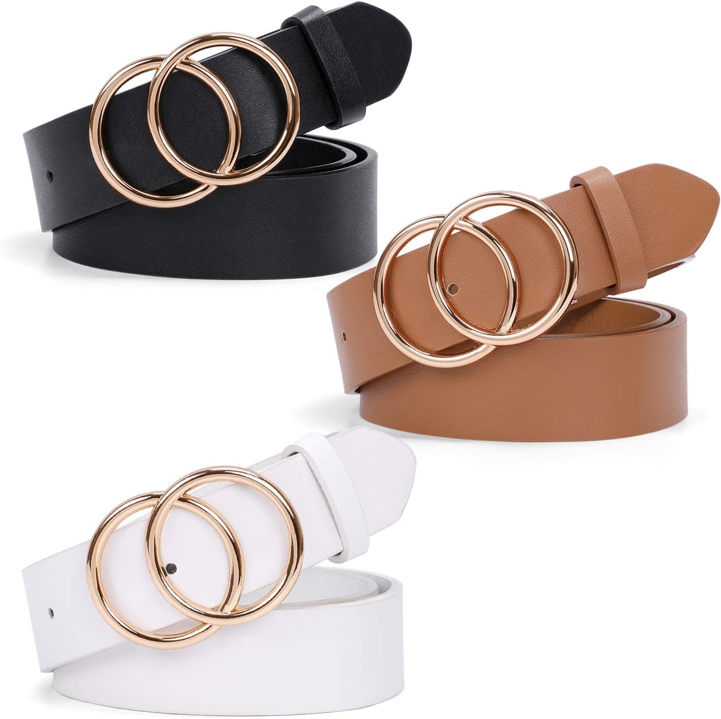 SUOSDEY Women Leather Belt Fashion Double O-Ring Soft Faux Leather Waist Belts For Jeans Dress