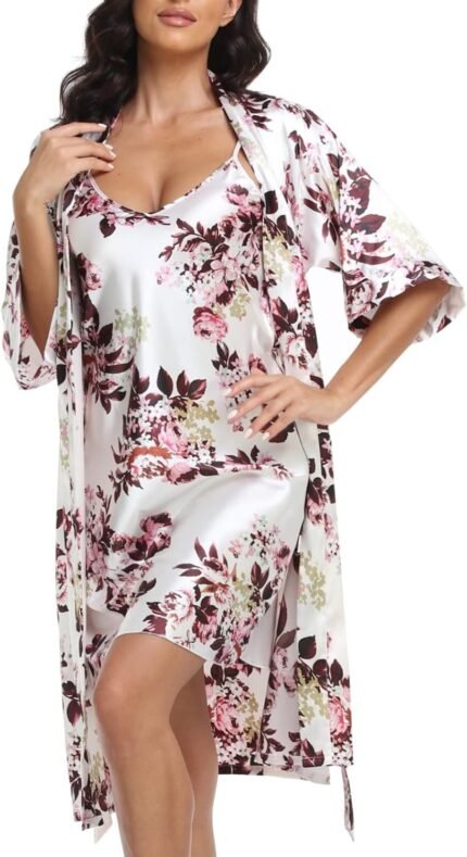 Women’s Satin Robe Sets 2 Piece Nightgown Silk Pajama Sexy Floral Lingerie Lace Cami Sleepwear Night Robes Women’s Satin Robe Sets 2 Piece Nightgown Silk Pajama Sexy Floral Lingerie Lace Cami Sleepwear Night Robes