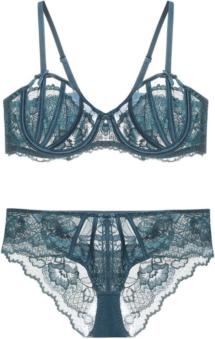 Guoeappa Women’s Sexy Soft Lace Lingerie Set See Through Underwear Floral Lace Underwire Sheer Bra and Panty Set