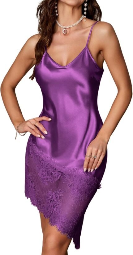 Ekouaer Womens Satin Nightgown Lace Hem Chemise Silky Sleep Dress Spaghetti Strap Slip Dresses Ekouaer Womens Satin Nightgown Lace Hem Chemise Silky Sleep Dress Spaghetti Strap Slip Dresses