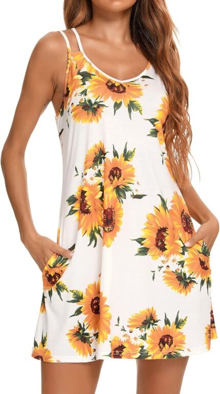Women’s Nightgown Print Nightshirt Tank Sleep Dress Plus Size Sleepwear With Pockets