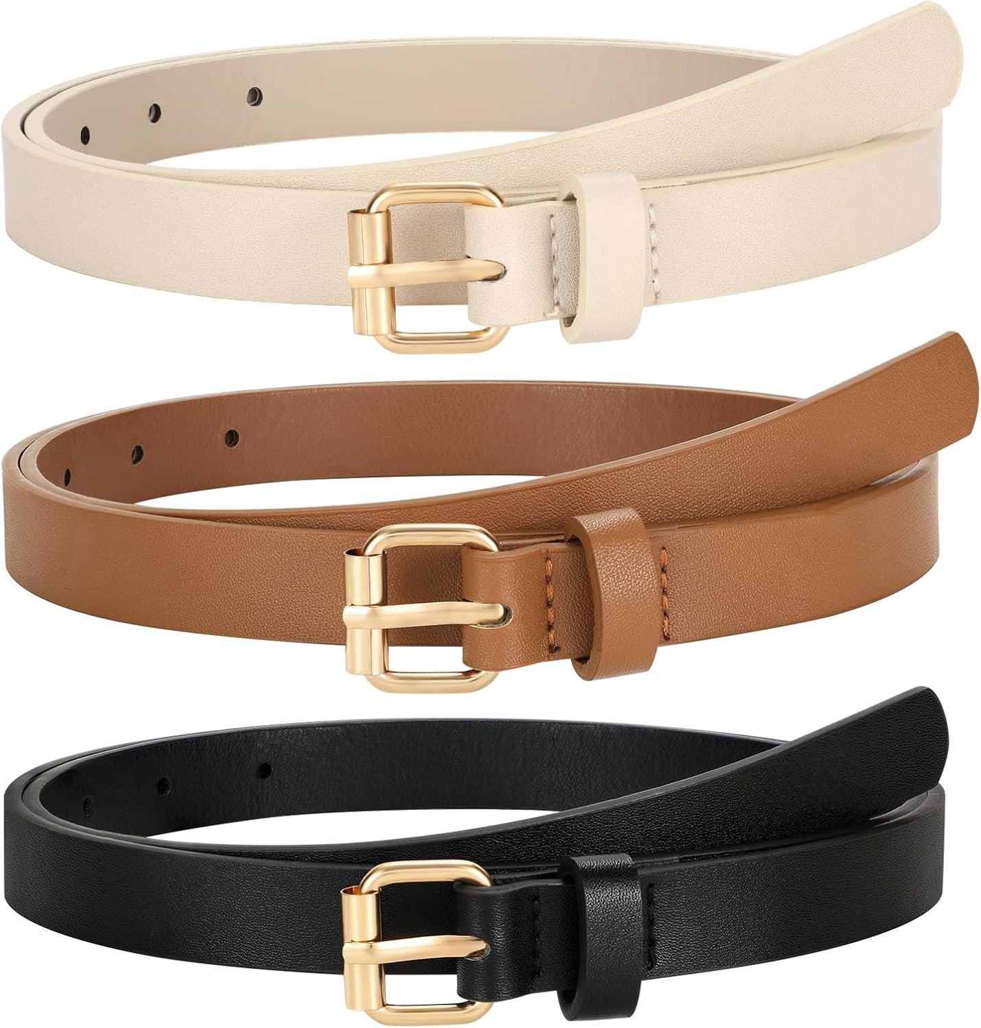 3 Pack Women Skinny Leather Belt for Jeans Pants Dress Ladies Thin Waist Belt with Gold Buckle