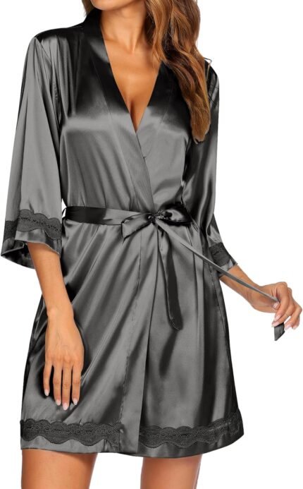Ekouaer Women’s Lace-Trim Silk Robes Bride Bridesmaid Kimono Satin Bathrobe V Neck Sleepwear with 3/4 Sleeve Ekouaer Women’s Lace-Trim Silk Robes Bride Bridesmaid Kimono Satin Bathrobe V Neck Sleepwear with 3/4 Sleeve