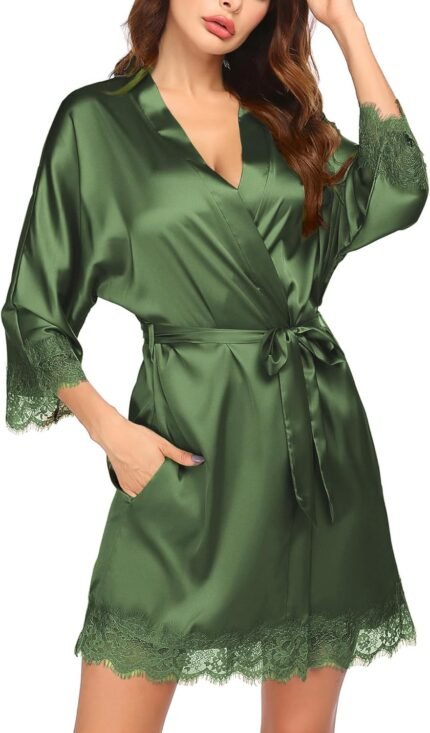Ekouaer Womens Silk Robe Short Lace Trim Satin Robe 3/4 Sleeve Sexy Kimono Bride Robe Comfy Sleepwear with Pockets