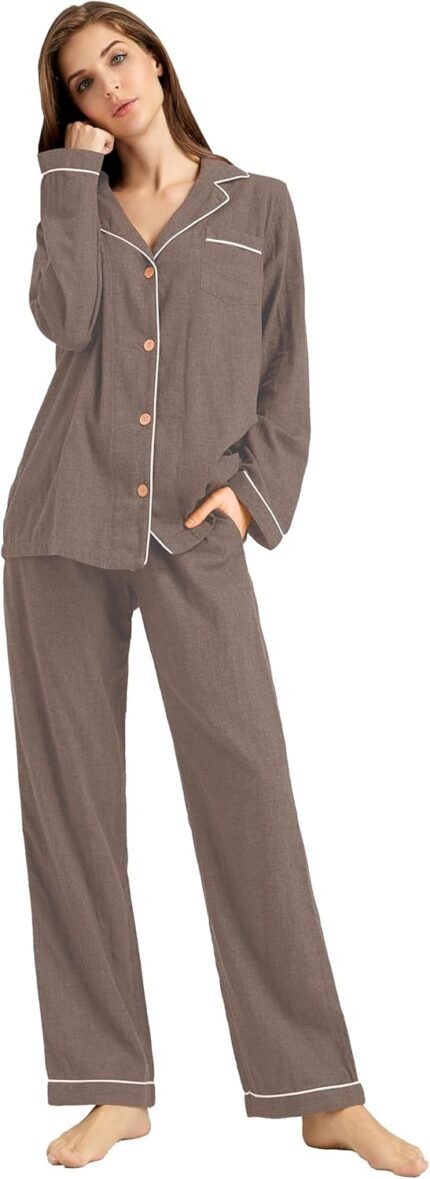 Women’s Pajama Set 100% Double Gauze Cotton Linen Like Super Soft Comfy Lightweight Button Down Sleepwear Women’s Pajama Set 100% Double Gauze Cotton Linen Like Super Soft Comfy Lightweight Button Down Sleepwear