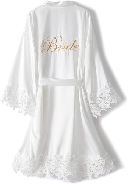 Women’s Bride Bridesmaid Silky Robes with Lace Trim Bridal Embroidery Bathrobe for Wedding Party Sleepwear Women’s Bride Bridesmaid Silky Robes with Lace Trim Bridal Embroidery Bathrobe for Wedding Party Sleepwear