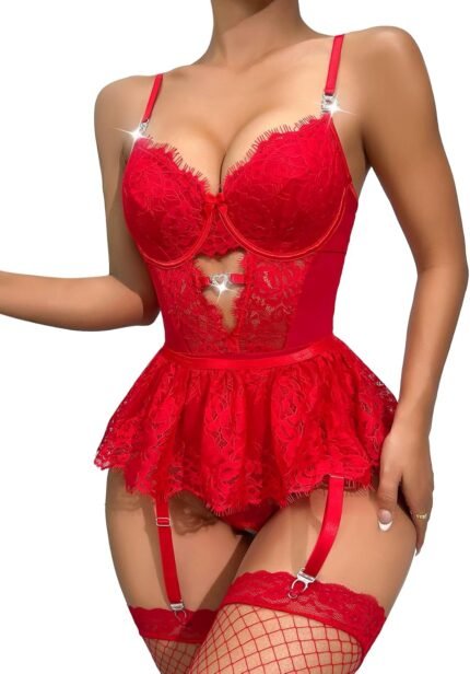 Lilosy Sexy Heart Rhinestones Underwire Babydoll Lace Mesh Garter