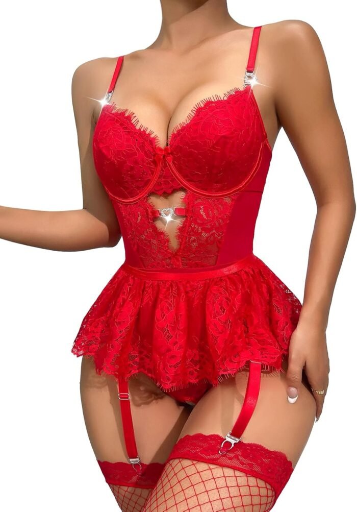 Lilosy Sexy Heart Rhinestones Underwire Babydoll Lace Mesh Garter