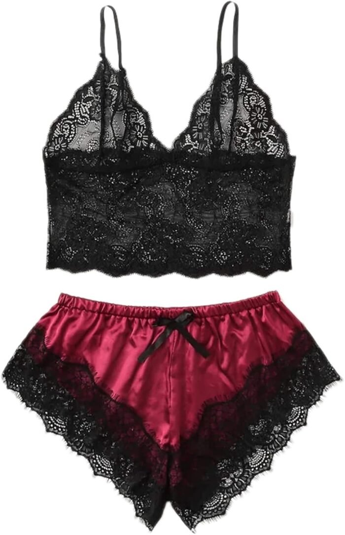 SOLY HUX Women’s Plus Size Lingerie Set Spaghetti Strap Lace Trim Bralette and Shorts Sleepwear Pajama Set