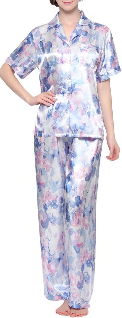 Lavenderi Women’s Short Sleeves Classtic Satin Pajama Set