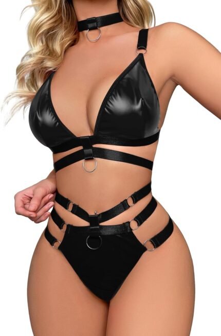 Lilosy Sexy Wireless Choker O Ring Linked Strappy Harness Lingerie Set Outfits 3 Piece Lilosy Sexy Wireless Choker O Ring Linked Strappy Harness Lingerie Set Outfits 3 Piece