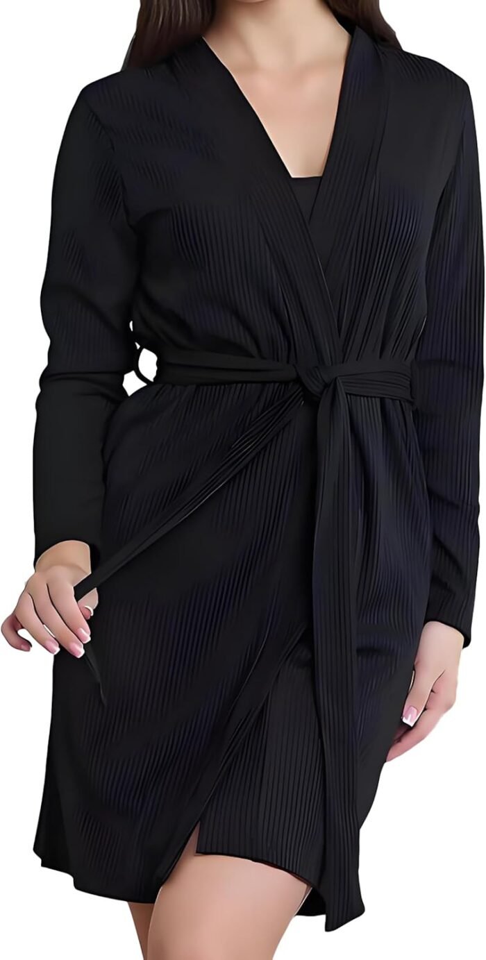 Women’s Rib Knit Nightgown with Robe Set 2 Pcs Sexy Slip Dress Long Sleeves Lounge Sets