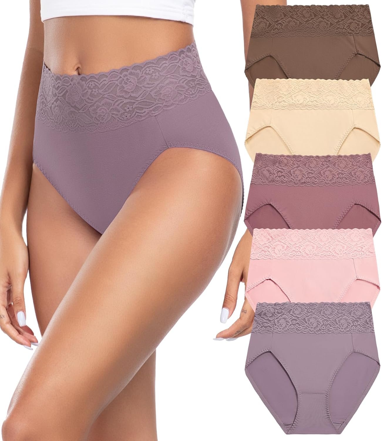 Wealurre Womens Underwear Cotton Bikini Panties for Women High Waisted Lace Hipster Stretch Briefs for Ladies 5 Pack