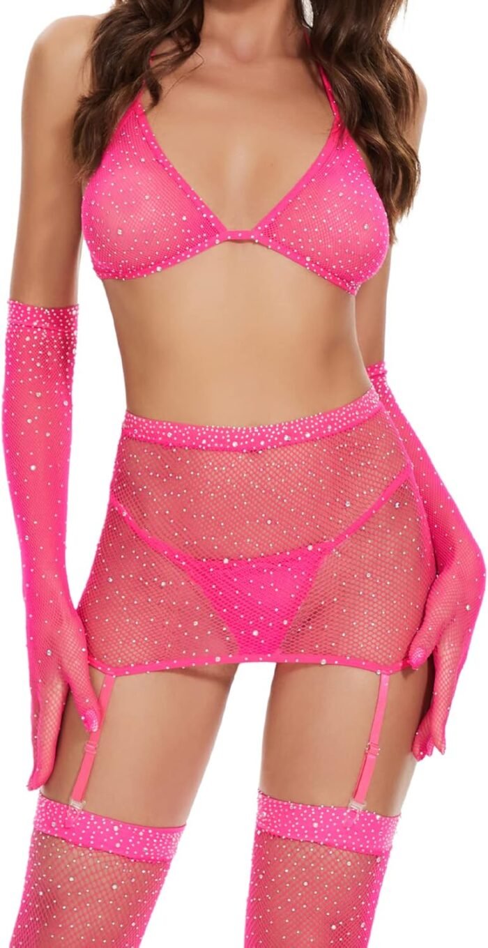 Women Mesh Lingerie Set Fishnet Two Piece Babydoll See Through Shirts Long Sleeve