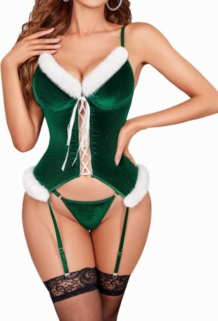 Avidlove Christmas Lingerie for Women Velvet Lingerie Santa Lingerie Set with Garter Belt(No Stockings)