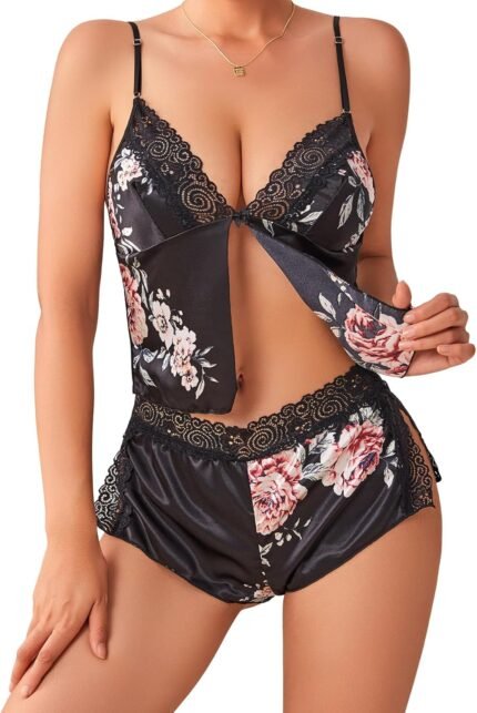 Women’s 2 Piece Lingerie Floral Lace Cami Top with Satin Shorts Sleepwear Pajama Set