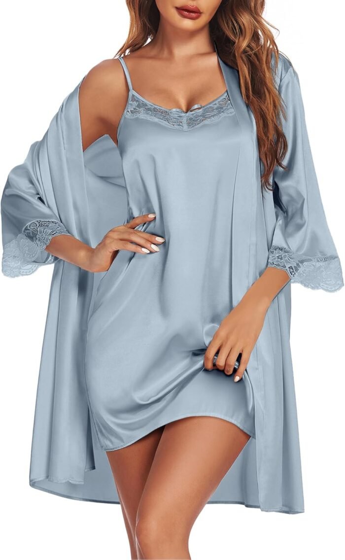 Ekouaer Sleepwear Women’s Satin Nightgown with Robes Set 2 Piece Sexy Lace Cami Nightwear