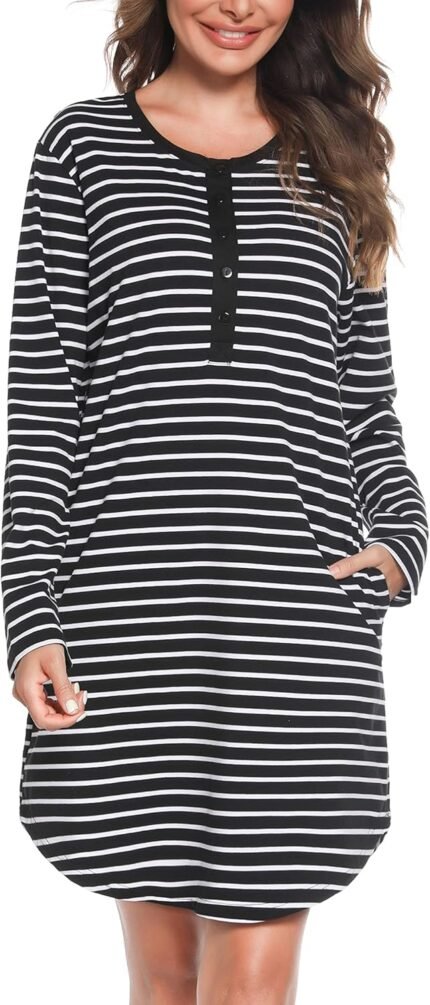 Vlazom Women’s Nightgowns Soft Cotton Stripe Nightdress Short Sleeve Night Shirt Sleepwear with Pockets S-XXL Vlazom Women’s Nightgowns Soft Cotton Stripe Nightdress Short Sleeve Night Shirt Sleepwear with Pockets S-XXL