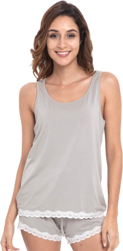 Women’s Pajamas Set – Viscose Made from Bamboo, Tank Top and Shorts Set Pjs Summer Sleepwear with Lace Trim Women’s Pajamas Set – Viscose Made from Bamboo, Tank Top and Shorts Set Pjs Summer Sleepwear with Lace Trim