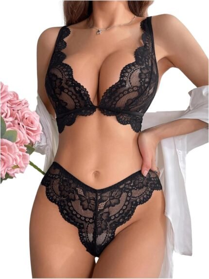 OYOANGLE Women’s 2 Piece Lingerie Set Floral Lace Sheer Scallop Trim Bra and Low Rise Panty Set Nightwear OYOANGLE Women’s 2 Piece Lingerie Set Floral Lace Sheer Scallop Trim Bra and Low Rise Panty Set Nightwear