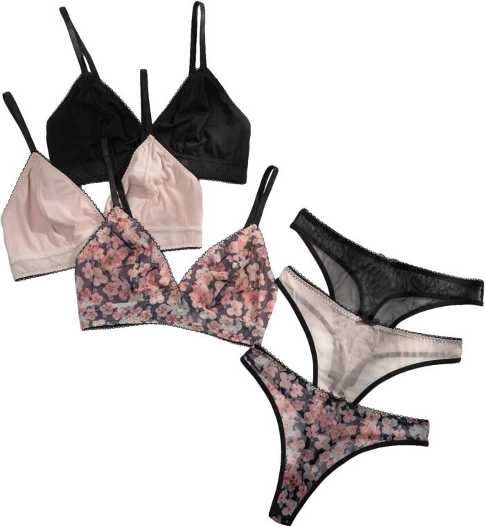GORGLITTER Women’s 3 Pack Mesh Bra and Panty Set Triangle Bralette and Underwear Cute Lingerie Set