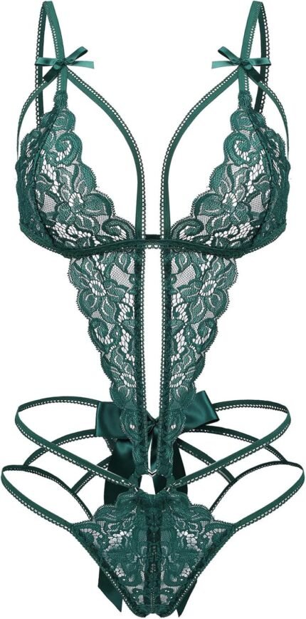 Donnalla Women’s Deep V Lace Teddy One Piece Lingerie Cutout Strappy Lingerie