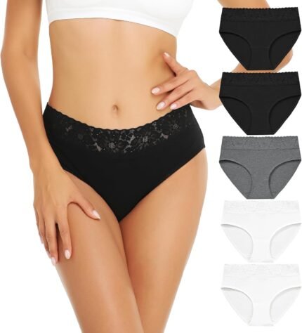 RHYFF Womens Underwear Cotton Bikini Panties Lace Soft Hipster Panty Ladies Stretch Full Briefs 5 Pack