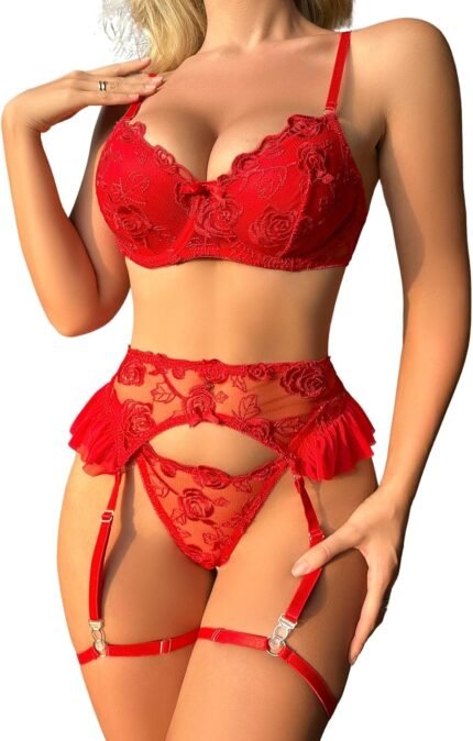 SOLY HUX Women’s Sexy Lingerie Sets with Garter 4 Piece Floral Lace Underwire Push Up Bra and Panty Sets