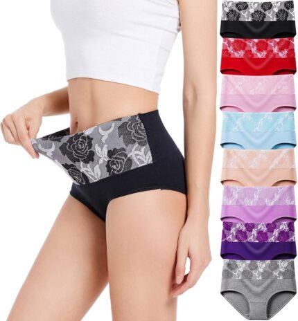 HAVVIS Women’s Briefs Underwear Cotton High Waist Tummy Control Panties Rose Jacquard Ladies Panty Multipack