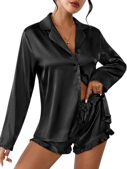 Ekouaer Womens Satin Pajama Sets Long Sleeve Top and Shorts Lounge Set Button Down Sleepwear