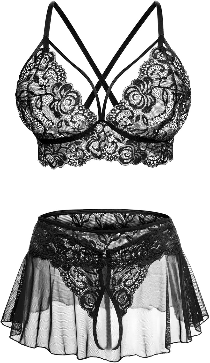 Sexy Lingerie for Women Naughty 3 Piece Lace Bralette, Mini Skirt with G-String Crotchless Lingerie Outfits Sexy Lingerie for Women Naughty 3 Piece Lace Bralette, Mini Skirt with G-String Crotchless Lingerie Outfits