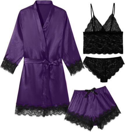 Womens Lingeries Silk Pajamas Robes Set 4 Pcs Sexy Pjs Cami Shorts Satin Sleepwear Lace Loungewear Womens Lingeries Silk Pajamas Robes Set 4 Pcs Sexy Pjs Cami Shorts Satin Sleepwear Lace Loungewear