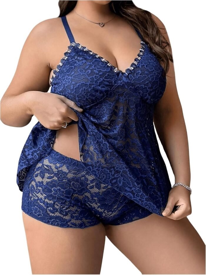 SOLY HUX Women’s Plus Size 2 Piece Lingerie Set Lace Sheer V Neck Sleeveless Top and Shorts Set Sleepwear