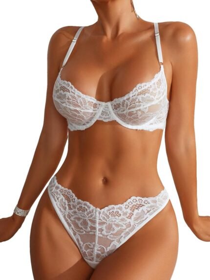 SOLY HUX Women’s Floral Lace Sheer Underwire Bralette Bra and Panty Lingerie Set