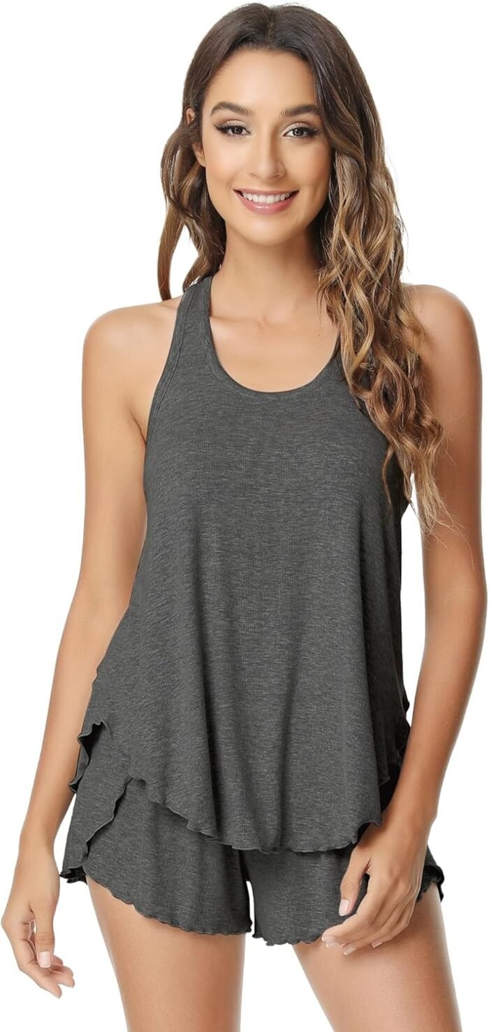 NACHILA Pajamas for Women-Viscose Made from Bamboo,Ribbed Racerback Tank Top and Shorts Pajama Sets Sleeveless Sleep Cami Pj