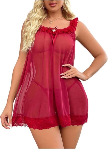 OYOANGLE Women’s 2 Piece Mesh Sheer Nightgowns and Low Rise Thongs Babydoll Lingerie Set Sleepwear OYOANGLE Women’s 2 Piece Mesh Sheer Nightgowns and Low Rise Thongs Babydoll Lingerie Set Sleepwear