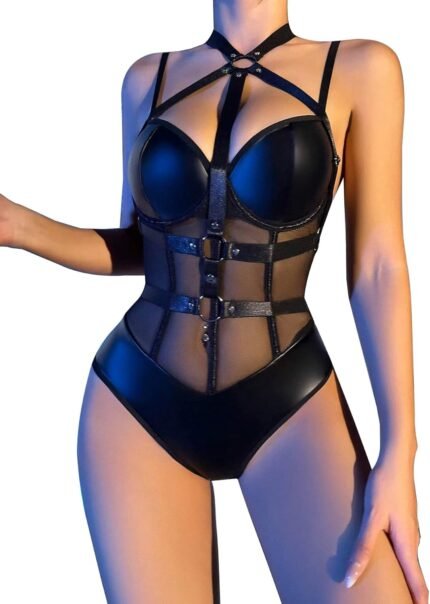 Lilosy Sexy Crisscross Choker Leather Pu Underwire Babydoll Women Harness Teddy Bodysuit Nightshirt One Piece