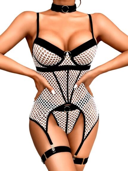 Kaei&Shi Rave Outfits Fishnet, Exotic Strappy Backless, Choker Garter Lingerie