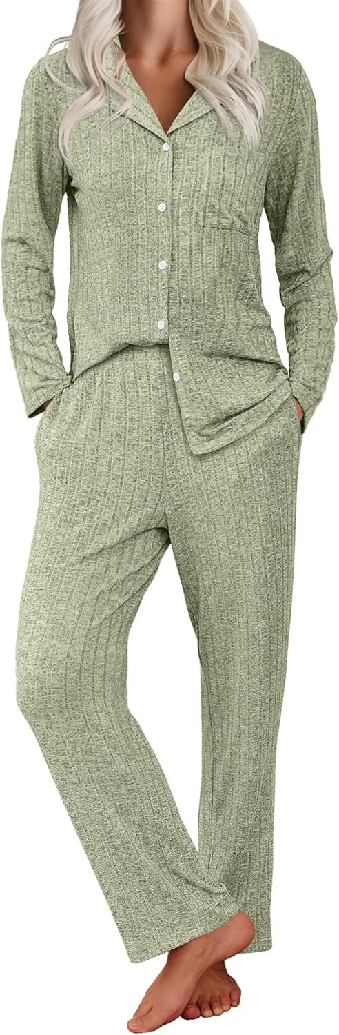 Ekouaer Womens Ribbed Knit Pajama Sets 2 Piece Lounge Set Long Sleeve Button Down Pjs Sleepwear Set with Pockets Ekouaer Womens Ribbed Knit Pajama Sets 2 Piece Lounge Set Long Sleeve Button Down Pjs Sleepwear Set with Pockets