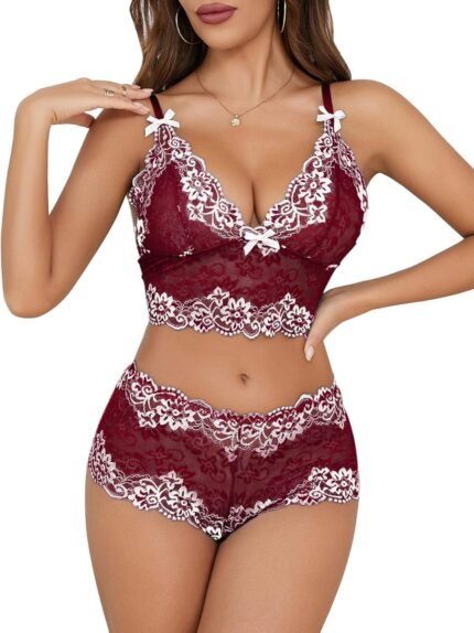 Lilosy Sexy Women Lace Pajamas Lingerie Set High Waist Sheer Sleepwear Bow Ties Cami Shorts Bra and Panty Lilosy Sexy Women Lace Pajamas Lingerie Set High Waist Sheer Sleepwear Bow Ties Cami Shorts Bra and Panty