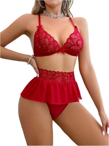 Women’s 3 Piece Lace Lingerie Sets Bowknot Backless Bra and Panty Set with Skirts Bridal Nightwear Women’s 3 Piece Lace Lingerie Sets Bowknot Backless Bra and Panty Set with Skirts Bridal Nightwear