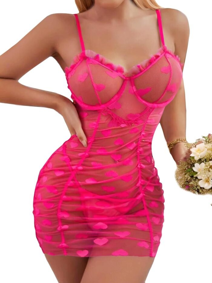 popiv Women Sexy Lace Lingerie Dress Heart Embroidery Nightgown Sheer Babydoll Lingerie Dress
