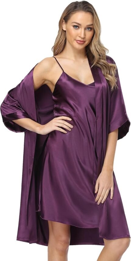 Satin Women’s Kimono Robe Gorgeous Loungewear 2PC Set Sleepwear Camisole & Robe Satin Women’s Kimono Robe Gorgeous Loungewear 2PC Set Sleepwear Camisole & Robe